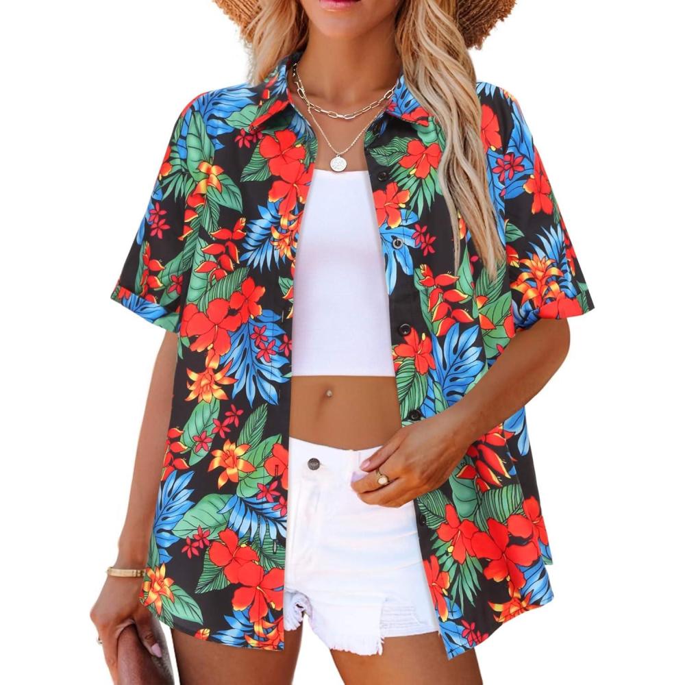 imageZeagoo Hawaiian Shirts for Women Tropical Floral Button Down Short Sleeve Blouses Summer Beach Shirt Vacation TopsAblack Tropical