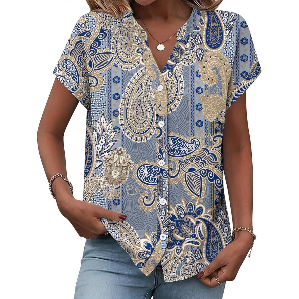 imageZeagoo Ladies Tops and Blouses Button Down Short Sleeve Shirts Summer Dressy Casual Clothes Floral Work Outfits