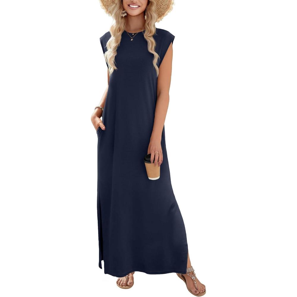 imageZeagoo Summer Dresses for Women 2026 Long Maxi Sundresses Loose Split WrinkleFree Beach Travel Vacation ClothesA02blue