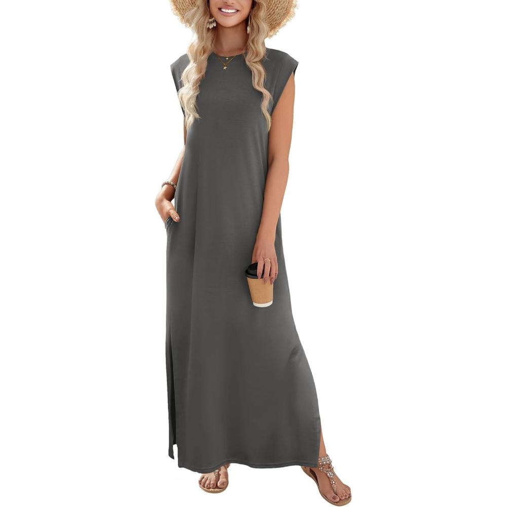 imageZeagoo Summer Dresses for Women 2026 Long Maxi Sundresses Loose Split WrinkleFree Beach Travel Vacation ClothesDark Gray