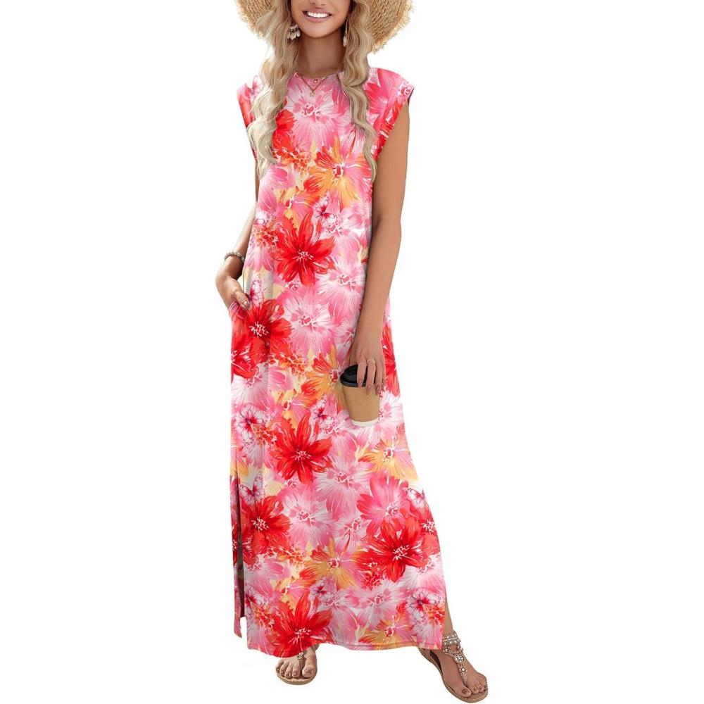 imageZeagoo Summer Dresses for Women 2026 Long Maxi Sundresses Loose Split WrinkleFree Beach Travel Vacation ClothesRed Flowers