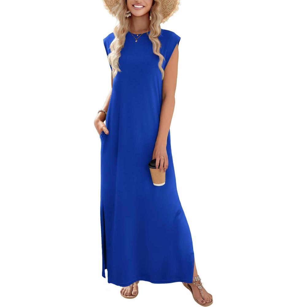 imageZeagoo Summer Dresses for Women 2026 Long Maxi Sundresses Loose Split WrinkleFree Beach Travel Vacation ClothesRoyal Blue