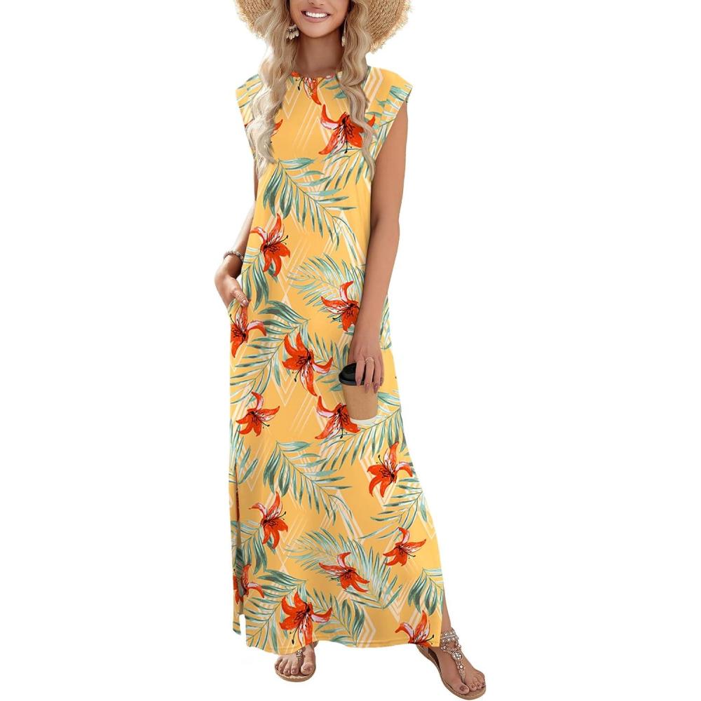 imageZeagoo Summer Dresses for Women 2026 Long Maxi Sundresses Loose Split WrinkleFree Beach Travel Vacation ClothesYellow Palm Leaf