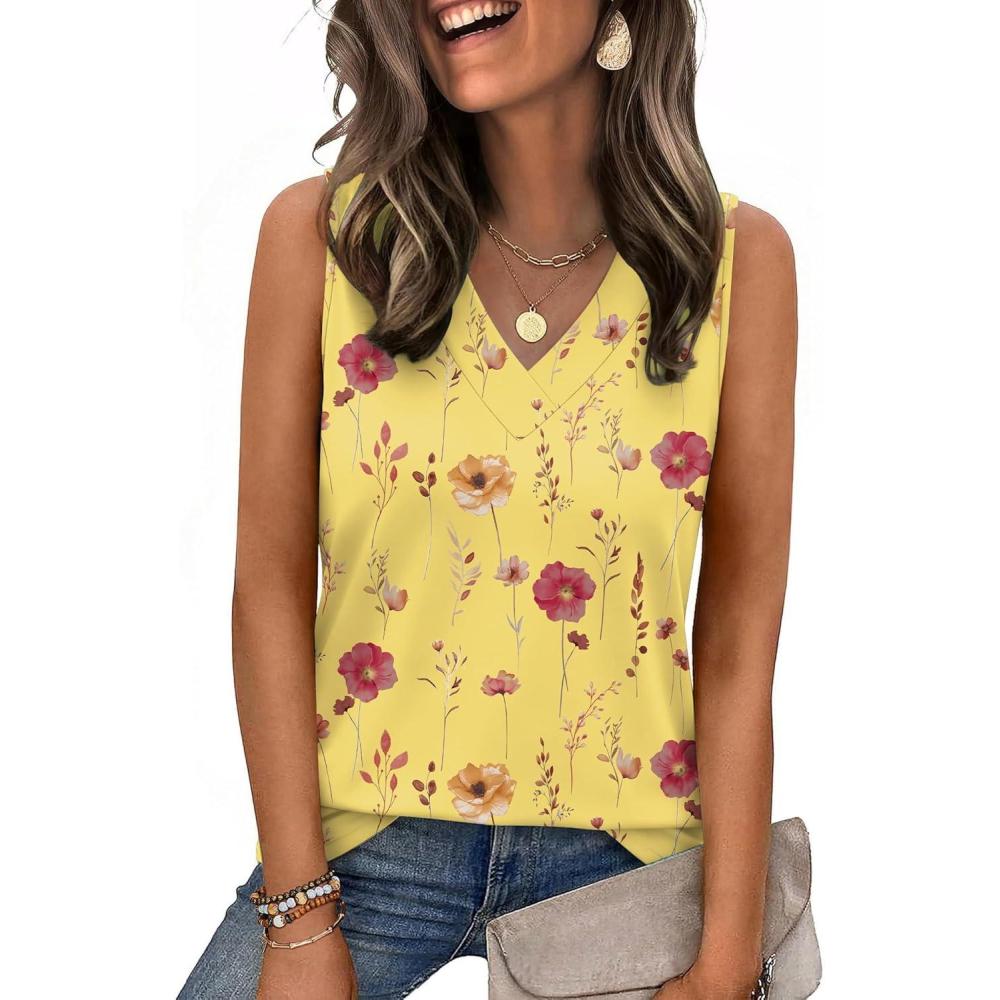 imageZeagoo Tank Top for Women V Neck Loose Fit Sleeveless Summer Tops Business Casual Outfits Dressy Blouses Shirts01 Yellow Flowers
