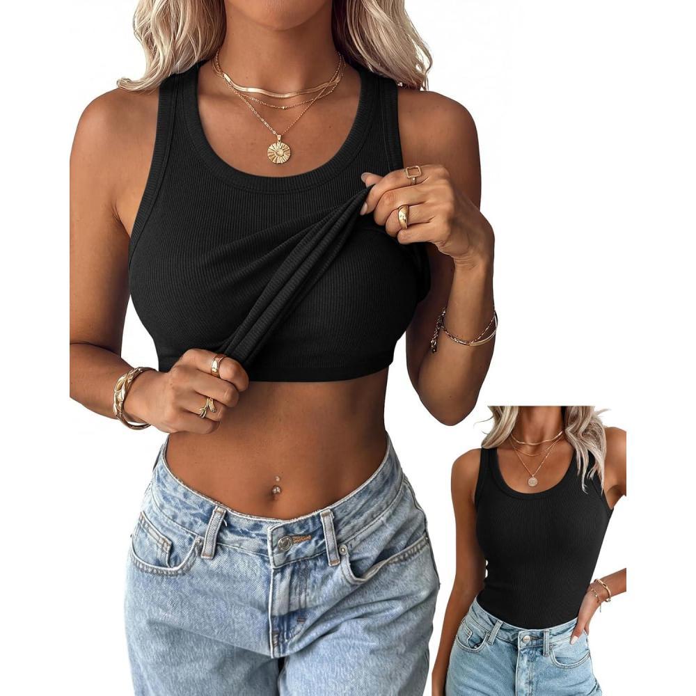 imageZeagoo Tank Tops with Built in Bra for Women Sleeveless Crewneck Racerback Ribbed Fitted Tops Basic Summer Clothing 20261black