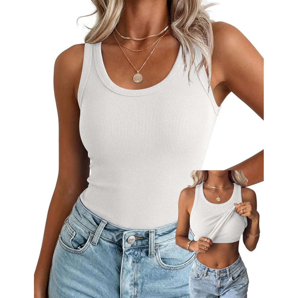 imageZeagoo Tank Tops with Built in Bra for Women Sleeveless Crewneck Racerback Ribbed Fitted Tops Basic Summer Clothing 20261white