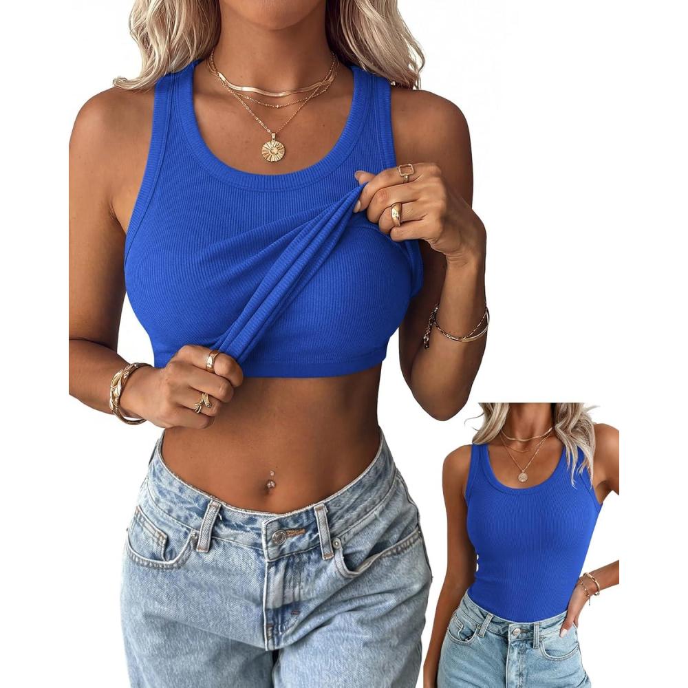 imageZeagoo Tank Tops with Built in Bra for Women Sleeveless Crewneck Racerback Ribbed Fitted Tops Basic Summer Clothing 2026Blue