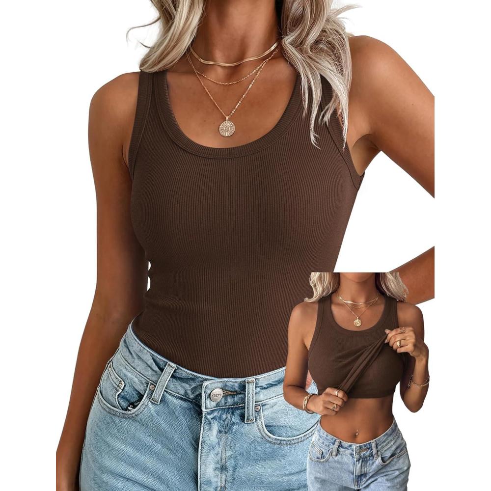 imageZeagoo Tank Tops with Built in Bra for Women Sleeveless Crewneck Racerback Ribbed Fitted Tops Basic Summer Clothing 2026Brown