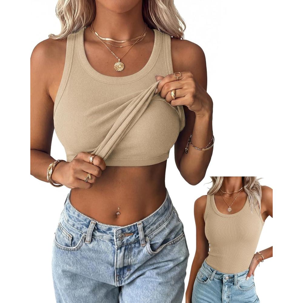 imageZeagoo Tank Tops with Built in Bra for Women Sleeveless Crewneck Racerback Ribbed Fitted Tops Basic Summer Clothing 2026Khaki