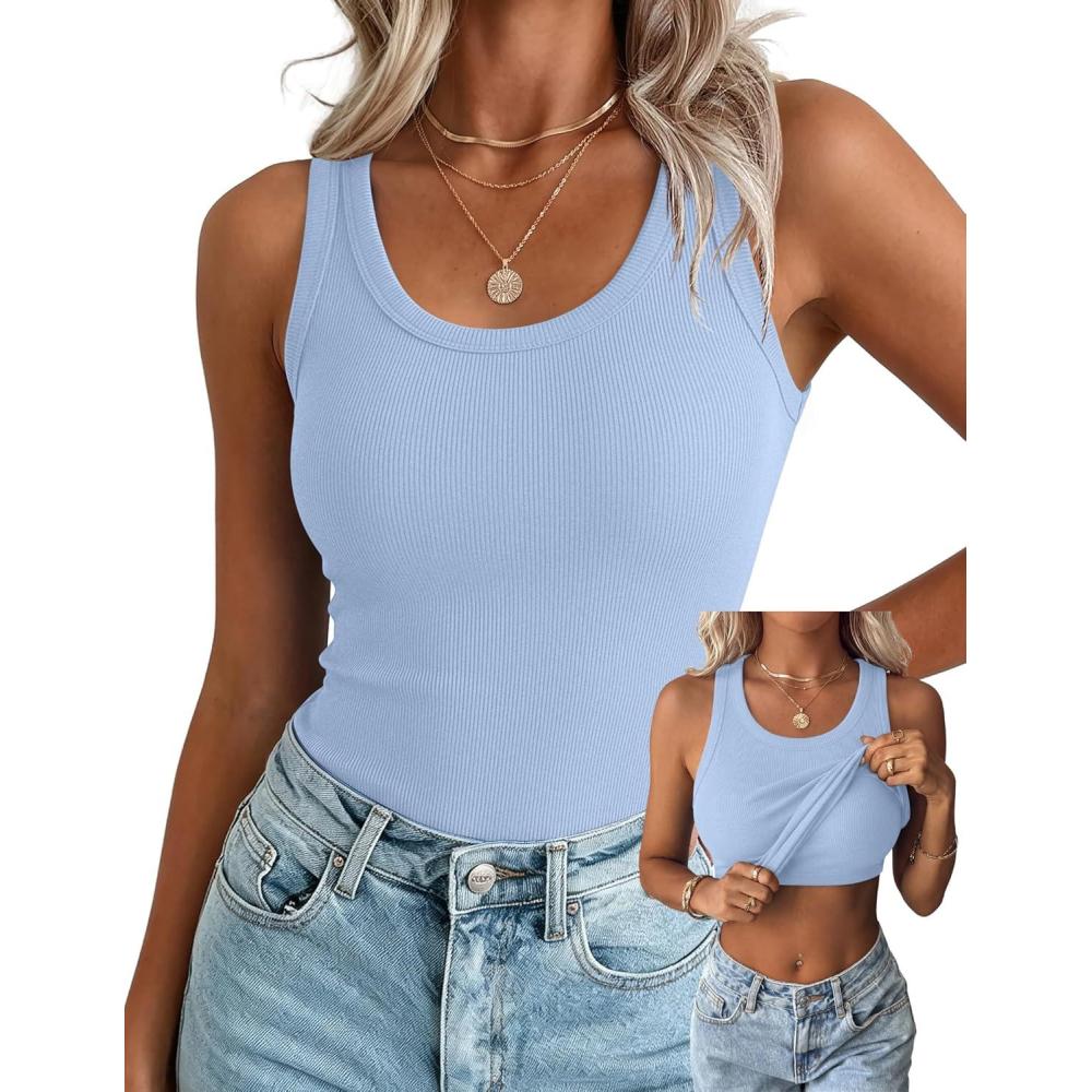 imageZeagoo Tank Tops with Built in Bra for Women Sleeveless Crewneck Racerback Ribbed Fitted Tops Basic Summer Clothing 2026Light Blue