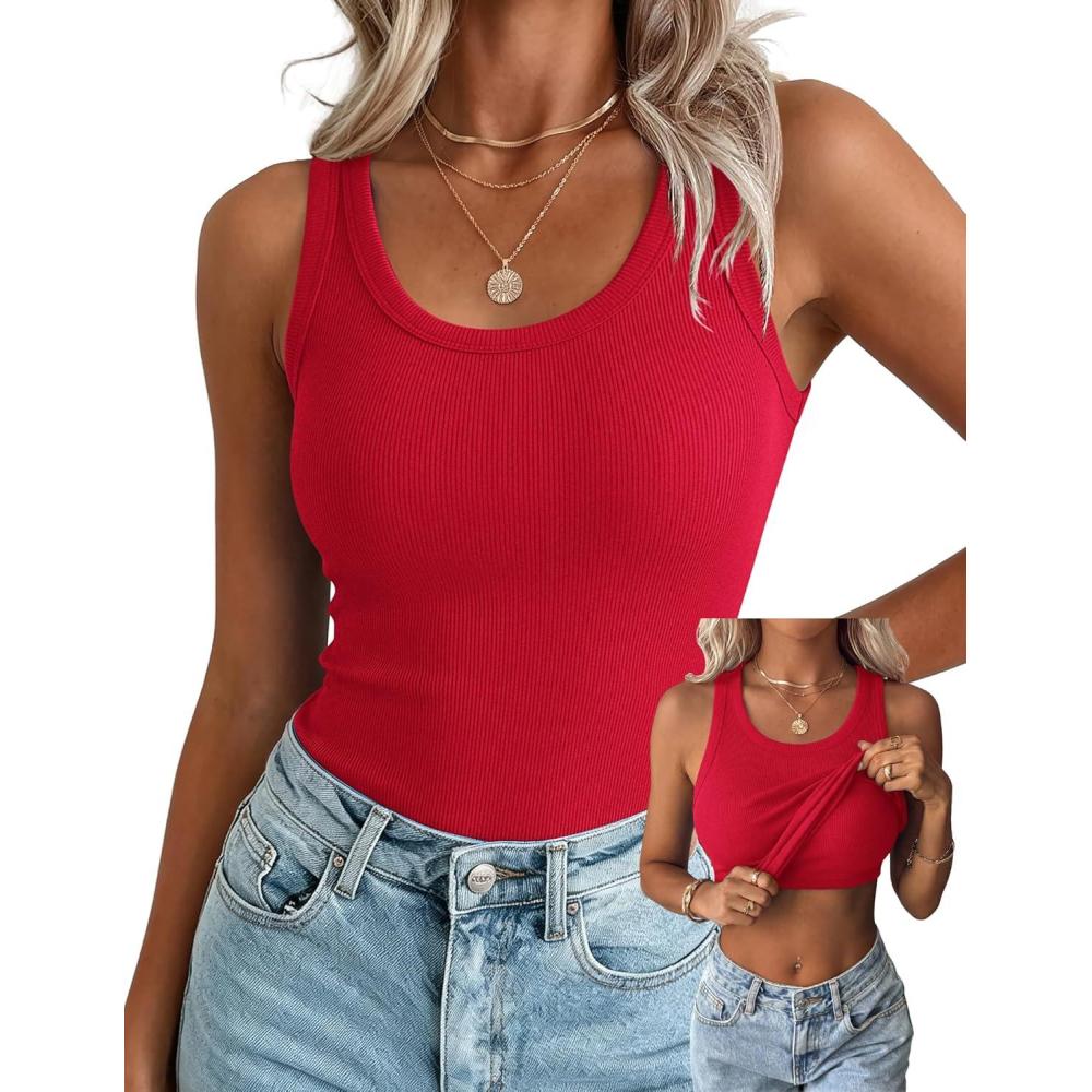 imageZeagoo Tank Tops with Built in Bra for Women Sleeveless Crewneck Racerback Ribbed Fitted Tops Basic Summer Clothing 2026Red