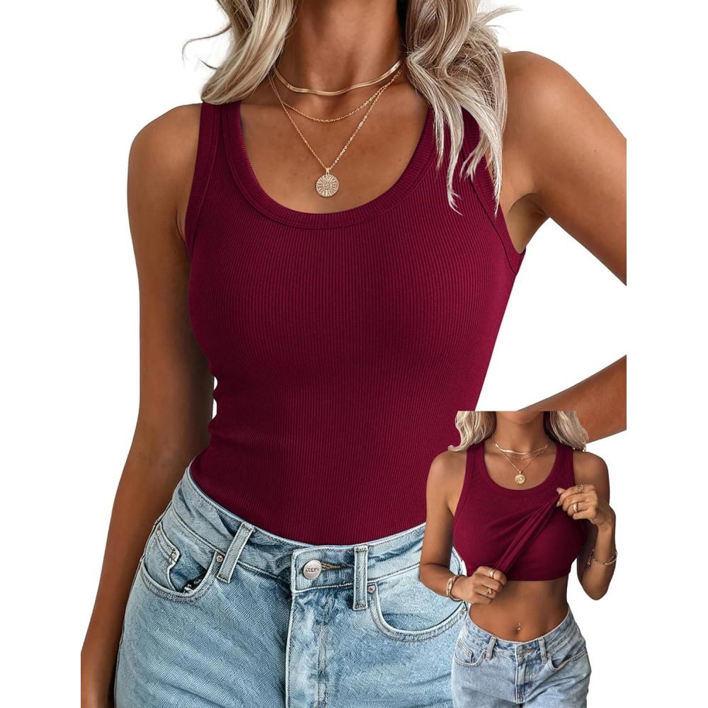 imageZeagoo Tank Tops with Built in Bra for Women Sleeveless Crewneck Racerback Ribbed Fitted Tops Basic Summer Clothing 2026Wine Red