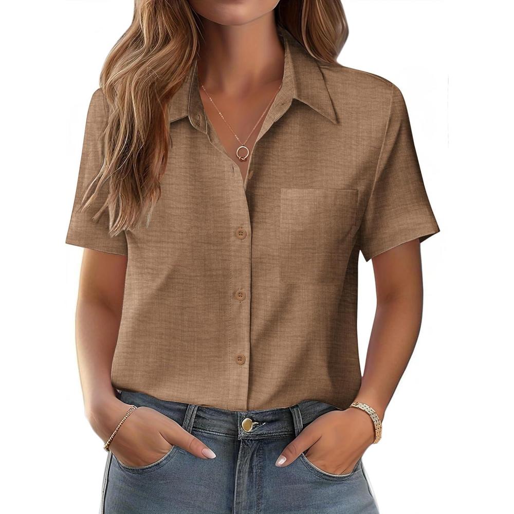 imageZeagoo Womens Button Down Shirt Bust Pocket Short Sleeve Blouses Business Casual Work Tops Summer OutfitsTan