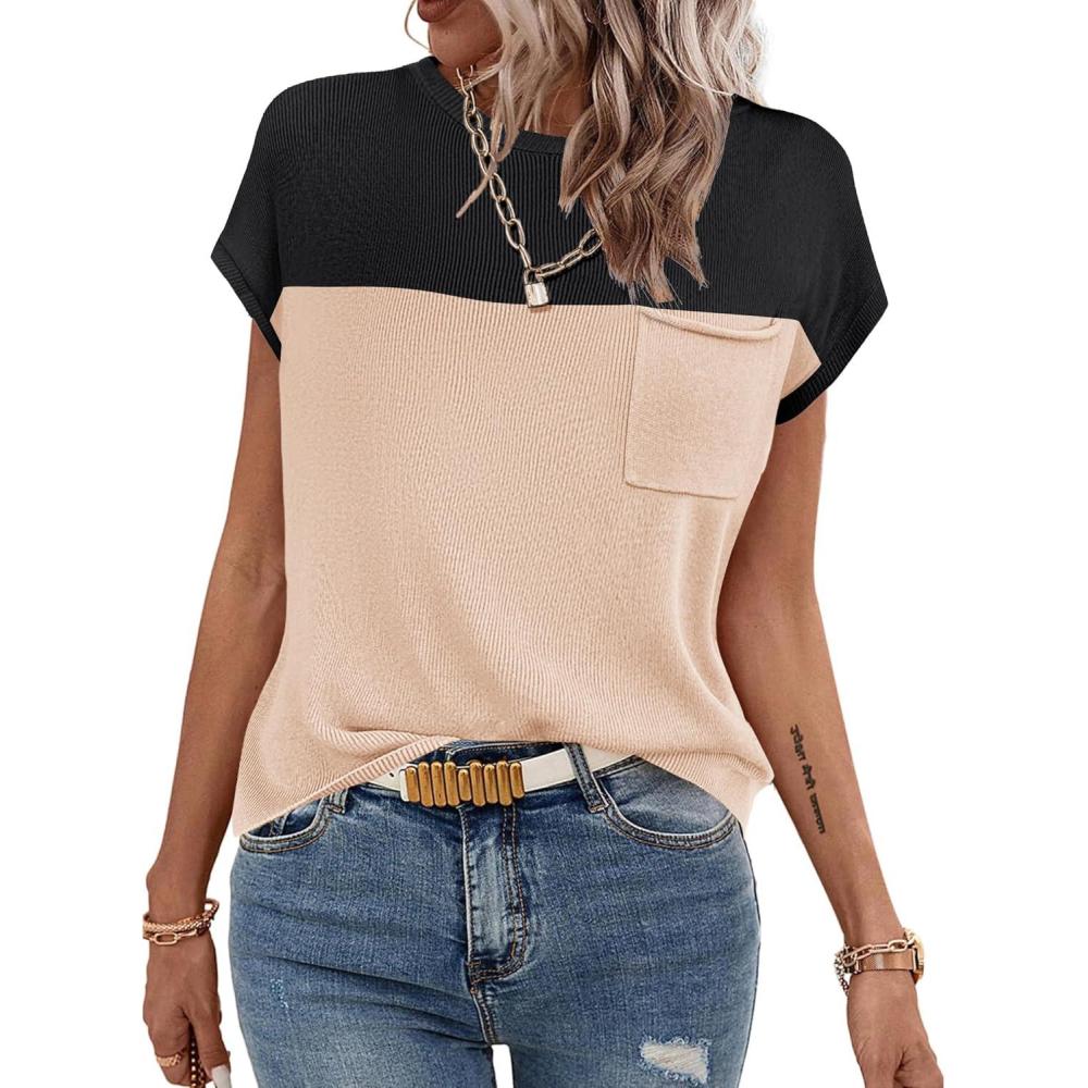 imageZeagoo Womens Sweater Vest Fall 2026 Loose Fit Cape Sleeve Knit Ribbed Tank Tops with Front PocketColor Block