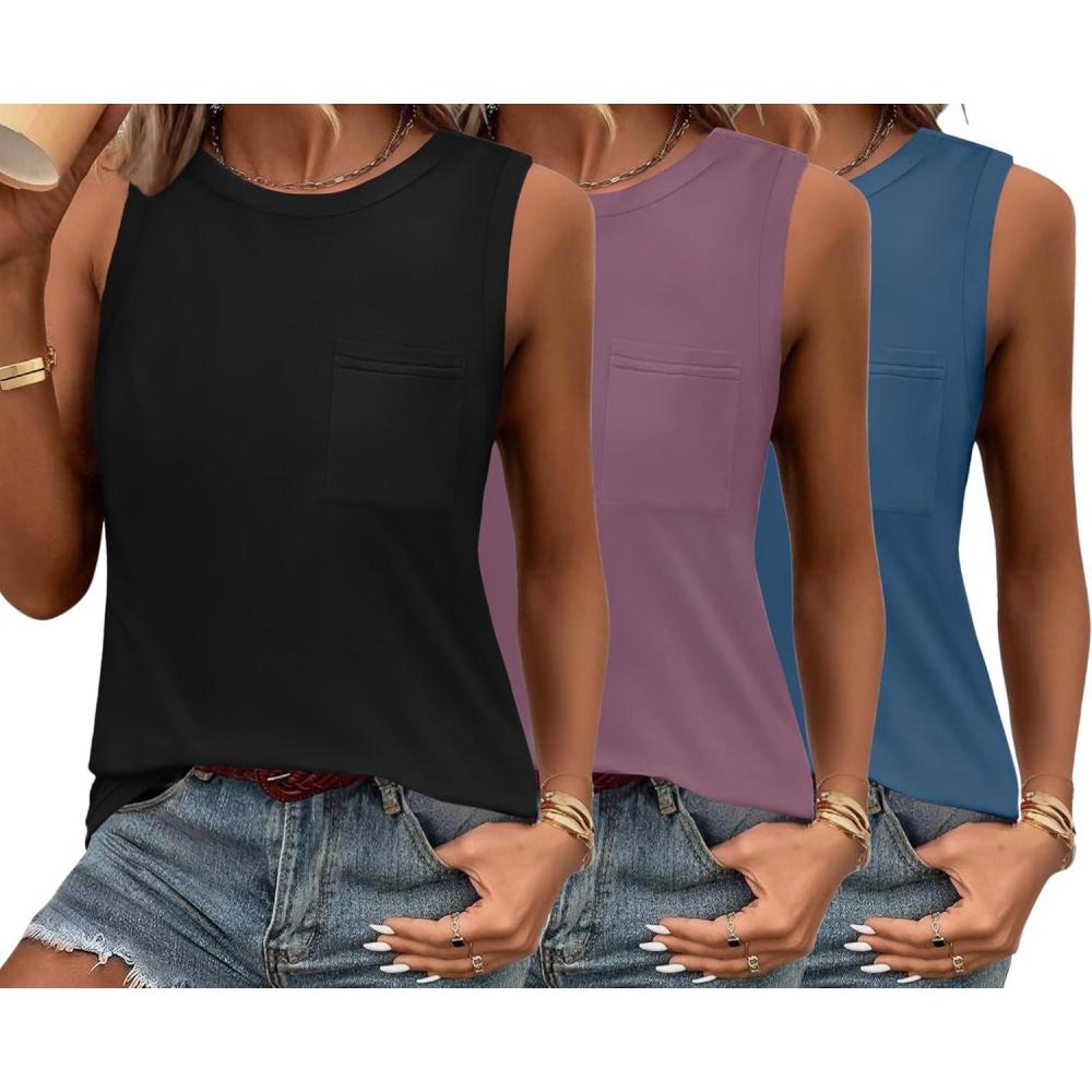imageZeagoo Womens Tank Tops 2026 Loose Fit High Neck Summer Top Dressy Casual Sleeveless Shirts with Pocket3black blue purple