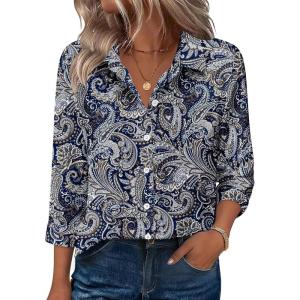 Zeagoo Button Down Shirts for Women 3/4 Sleeve Tops V Neck Collared Blouses Business Casual Outfits(Mz473)
