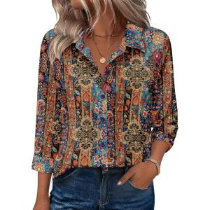 Zeagoo Button Down Shirts for Women 3/4 Sleeve Tops V Neck Collared Blouses Business Casual Outfits(Mz721)