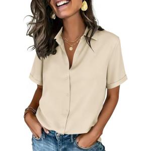 Zeagoo Button Down Shirts for Women Short Sleeve Collared Tops Dressy Casual V Neck Blouses(Beige)