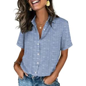 Zeagoo Button Down Shirts for Women Short Sleeve Collared Tops Dressy Casual V Neck Blouses(Tz273- Blue Stripe)