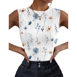 Zeagoo Spring Tops for Women Floral Tank Tops High Neck Casual Basic Textured Sleeveless Shirts