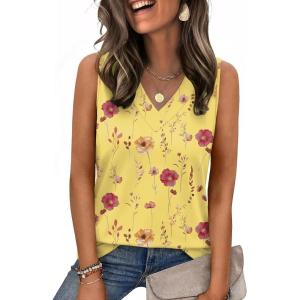 Zeagoo Tank Top for Women V Neck Loose Fit Sleeveless Summer Tops Business Casual Outfits Dressy Blouses Shirts(01 Yellow Flowers)
