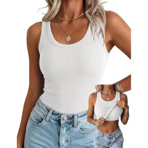 Zeagoo Tank Tops with Built in Bra for Women Sleeveless Crewneck Racerback Ribbed Fitted Tops Basic Summer Clothing 2026(1-white)