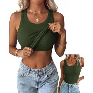 Zeagoo Tank Tops with Built in Bra for Women Sleeveless Crewneck Racerback Ribbed Fitted Tops Basic Summer Clothing 2026(Army Green)