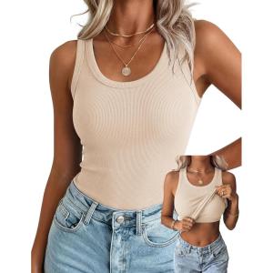 Zeagoo Tank Tops with Built in Bra for Women Sleeveless Crewneck Racerback Ribbed Fitted Tops Basic Summer Clothing 2026(Beige)