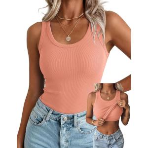 Zeagoo Tank Tops with Built in Bra for Women Sleeveless Crewneck Racerback Ribbed Fitted Tops Basic Summer Clothing 2026(Coral)