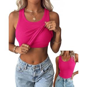 Zeagoo Tank Tops with Built in Bra for Women Sleeveless Crewneck Racerback Ribbed Fitted Tops Basic Summer Clothing 2026(Hot Pink)