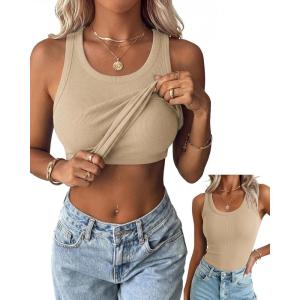 Zeagoo Tank Tops with Built in Bra for Women Sleeveless Crewneck Racerback Ribbed Fitted Tops Basic Summer Clothing 2026(Khaki)