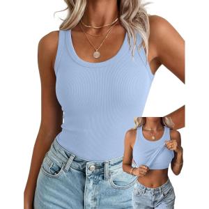 Zeagoo Tank Tops with Built in Bra for Women Sleeveless Crewneck Racerback Ribbed Fitted Tops Basic Summer Clothing 2026(Light Blue)