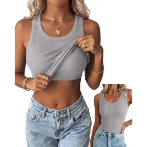 Zeagoo Tank Tops with Built in Bra for Women Sleeveless Crewneck Racerback Ribbed Fitted Tops Basic Summer Clothing 2026(Light Grey)
