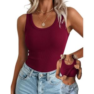 Zeagoo Tank Tops with Built in Bra for Women Sleeveless Crewneck Racerback Ribbed Fitted Tops Basic Summer Clothing 2026(Wine Red)