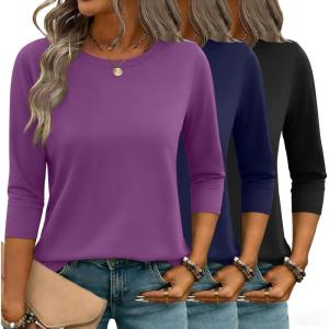 Zeagoo Women Tops 3 Pack 3/4 Sleeve Crewneck Cute Basics Tees Casual Fashion Summer Spring T Shirts Business Work Tee Top(Black-navy Blue-fuchsia)