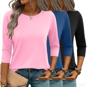 Zeagoo Women Tops 3 Pack 3/4 Sleeve Crewneck Cute Basics Tees Casual Fashion Summer Spring T Shirts Business Work Tee Top(Black-pink-blue)