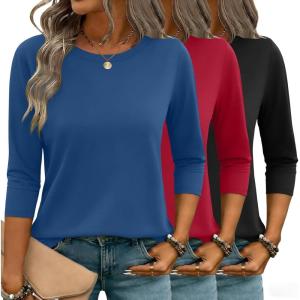 Zeagoo Women Tops 3 Pack 3/4 Sleeve Crewneck Cute Basics Tees Casual Fashion Summer Spring T Shirts Business Work Tee Top(Black-red-blue)