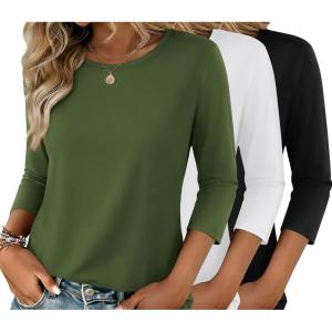 Zeagoo Women Tops 3 Pack 3/4 Sleeve Crewneck Cute Basics Tees Casual Fashion Summer Spring T Shirts Business Work Tee Top(Black-white-army Green)