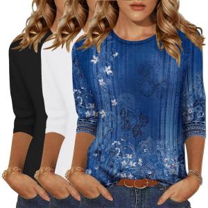 Zeagoo Women Tops 3 Pack 3/4 Sleeve Crewneck Cute Basics Tees Casual Fashion Summer Spring T Shirts Business Work Tee Top(Black-white-blue Flower-mz712)