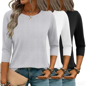 Zeagoo Women Tops 3 Pack 3/4 Sleeve Crewneck Cute Basics Tees Casual Fashion Summer Spring T Shirts Business Work Tee Top(Black-white-grey)
