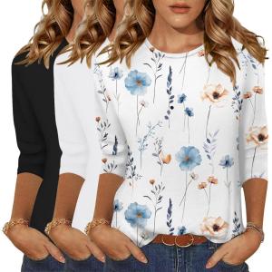 Zeagoo Women Tops 3 Pack 3/4 Sleeve Crewneck Cute Basics Tees Casual Fashion Summer Spring T Shirts Business Work Tee Top(Black-white-print Bf290)