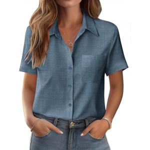 Zeagoo Womens Button Down Shirt Bust Pocket Short Sleeve Blouses Business Casual Work Tops Summer Outfits(Dark Denim Blue)