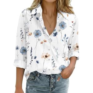 Zeagoo Womens Cotton Linen Button Down Shirts Loose Fit Long Sleeve Collared Blouse Casual V Neck Tops Outfits S-3XL(Bf290)