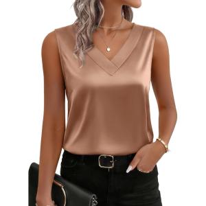 Zeagoo Women’s Silk Satin Tank Tops V Neck Casual Camisoles Sleeveless Business Work Blouses Dressy Summer Shirts(Light Coffee)
