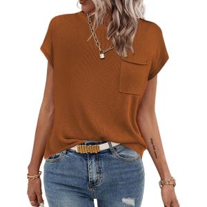 Zeagoo Womens Sweater Vest Fall 2026 Loose Fit Cape Sleeve Knit Ribbed Tank Tops with Front Pocket(Caramel)