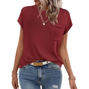 Zeagoo Womens Sweater Vest Fall 2026 Loose Fit Cape Sleeve Knit Ribbed Tank Tops with Front Pocket(Dark Red)