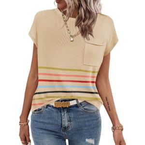 Zeagoo Womens Sweater Vest Fall 2026 Loose Fit Cape Sleeve Knit Ribbed Tank Tops with Front Pocket(Multicolord Stripe)