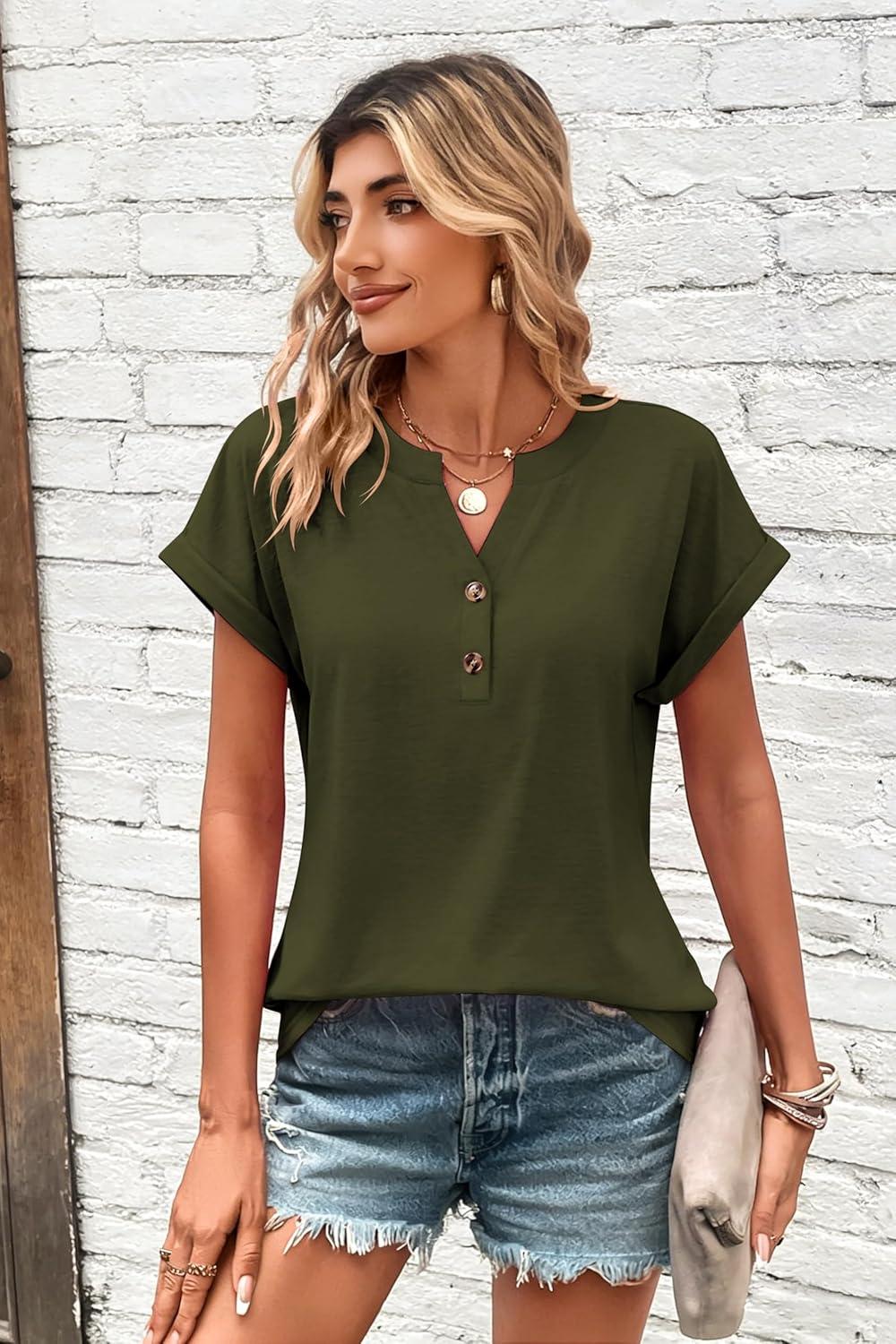 imageZeagoo Women Tops Summer Short Sleeve T Shirts V Neck Dressy Casual Work Blouses Fashion Boho Clothes S3XLArmy Green