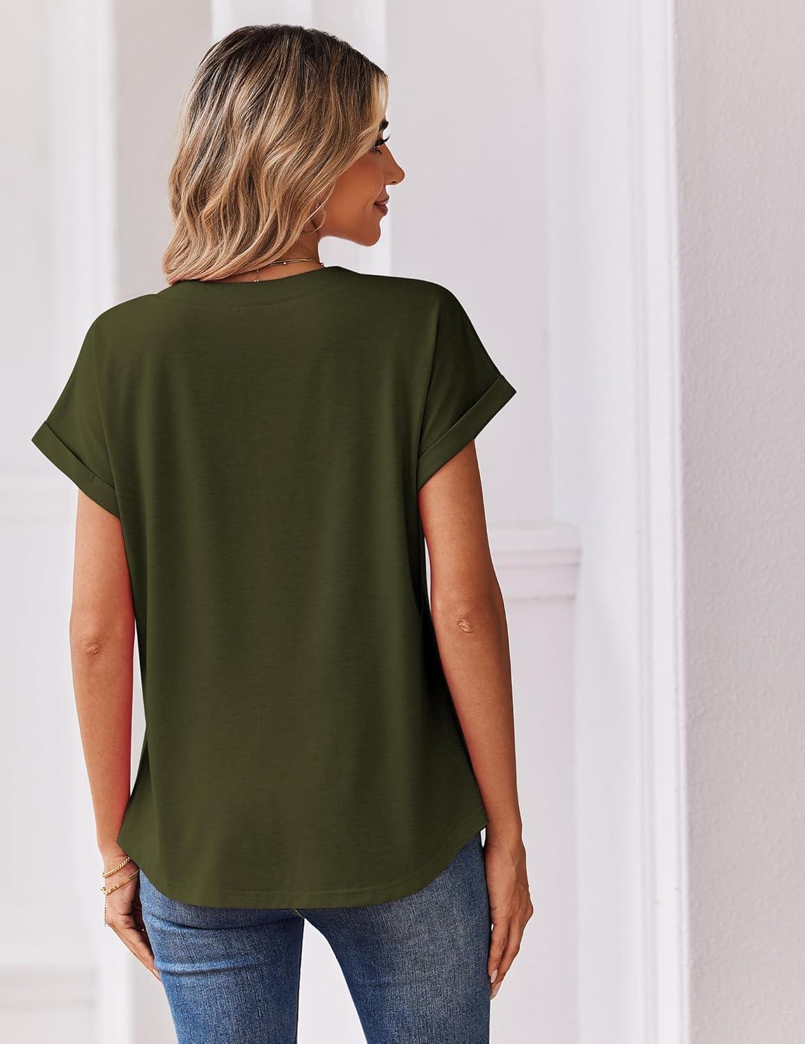 imageZeagoo Women Tops Summer Short Sleeve T Shirts V Neck Dressy Casual Work Blouses Fashion Boho Clothes S3XLArmy Green