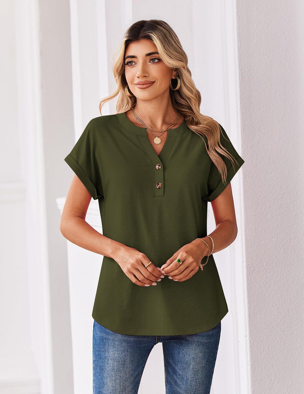 imageZeagoo Women Tops Summer Short Sleeve T Shirts V Neck Dressy Casual Work Blouses Fashion Boho Clothes S3XLArmy Green